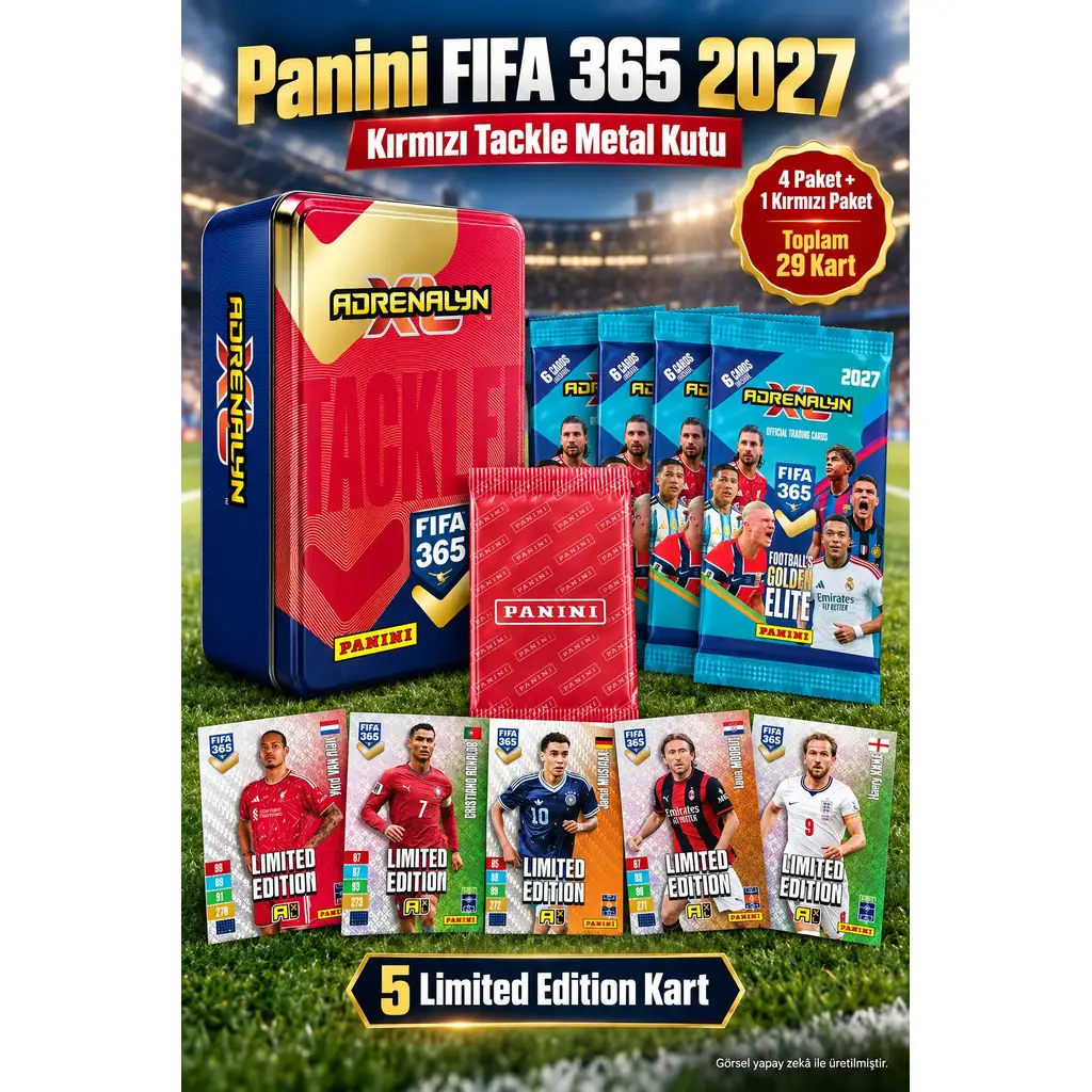 Panini FIFA 365 2027 Kırmızı TACKLE Metal Kutu 29 Kart 5 Limited Edition Futbolcu Kartı