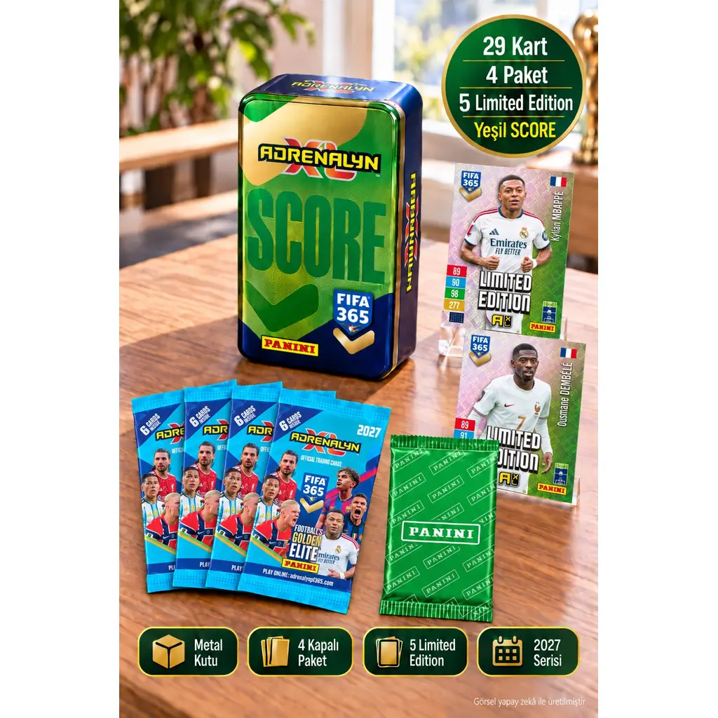 Panini FIFA 365 2027 Yeşil SCORE Metal Kutu 29 Kart 5 Limited Edition Futbolcu Kartı