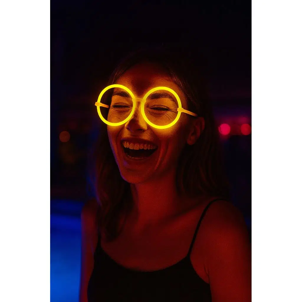 Gece Parlayan Sarı Neon Yuvarlak Gözlük – Konser ve Festival İçin