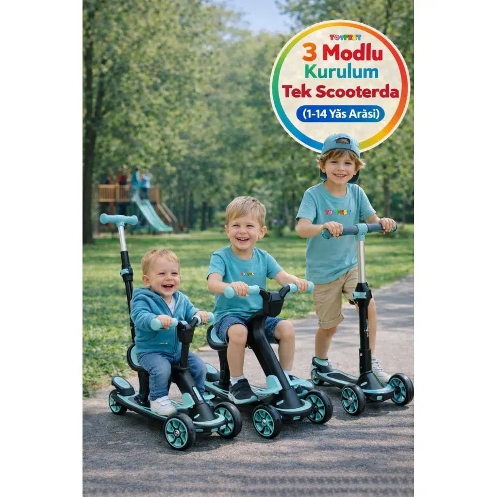 3 Modlu Yönlendirmeli Ayarlanabilir Scooter Koltuklu Çocuk Scooter Frenli Kaymaz Gövdeli - Mavi