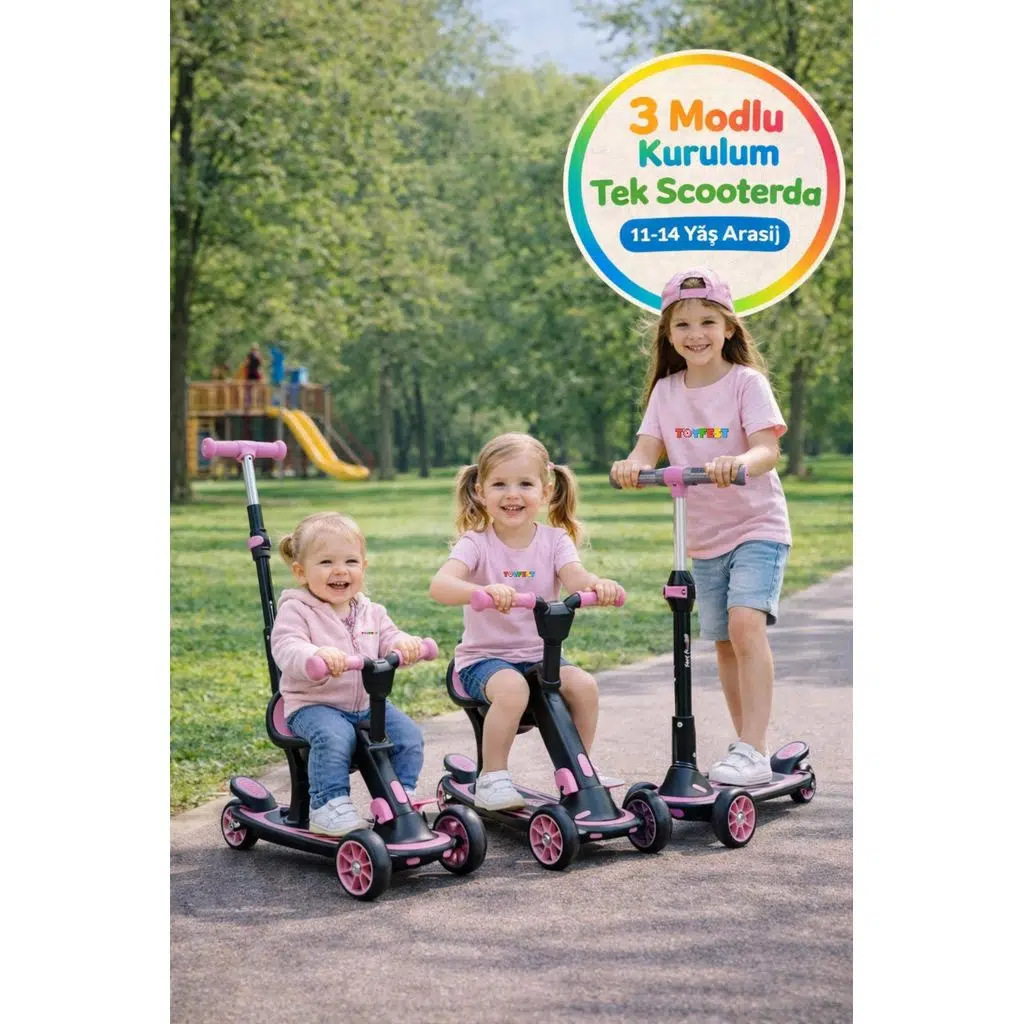 3 Modlu Yönlendirmeli Ayarlanabilir Scooter Koltuklu Çocuk Scooter Frenli Kaymaz Gövdeli - Pembe