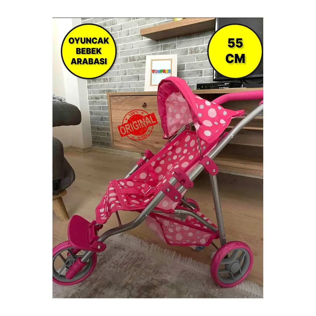 3 Tekerlekli Metal İskeletli Katlanabilir Puantiye Desenli Çocuk Oyuncak Bebek Arabası Puset - 55 CM