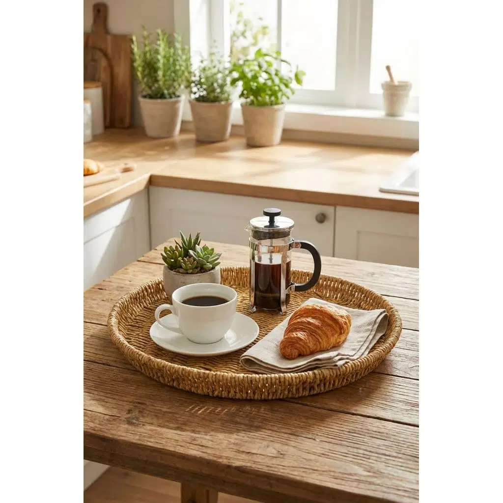 ® 35 cm Plastik Rattan Tepsi – Hasır Görünümlü Dekoratif Servis Tepsisi, Mutfak, Kahvaltı, Sun