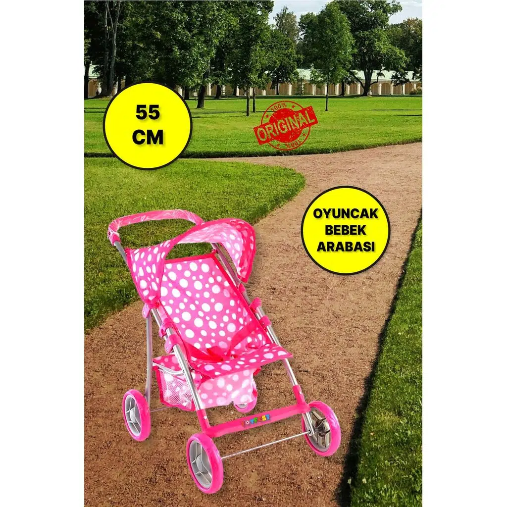 4 Tekerlekli Metal İskeletli Katlanabilir Puantiye Desenli Çocuk Oyuncak Bebek Arabası Puset - 55 CM