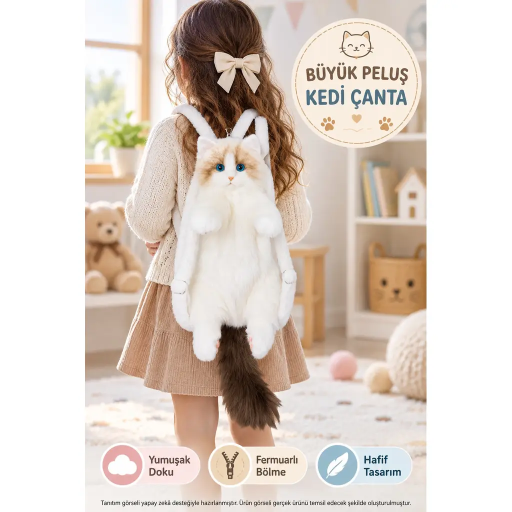 Kedi Sırt Çantası Büyük Peluş Beyaz Kahverengi Fermuarlı Çocuk Çantası 30 x 20 x 15 cm