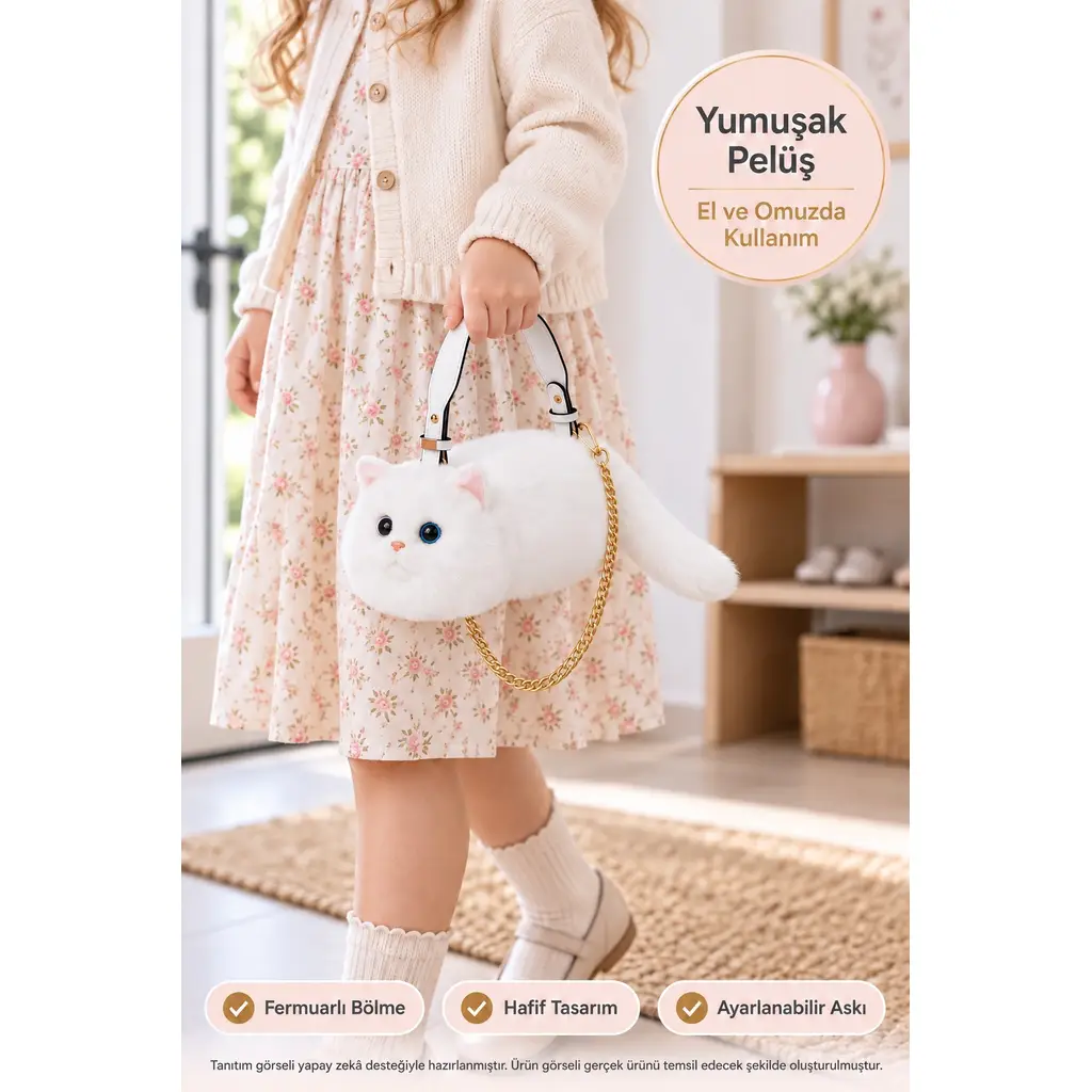 Pelüş Kedi Çanta Çocuk El ve Omuz Çantası Fermuarlı Ayarlanabilir Askılı 31 x 13 x 17 cm