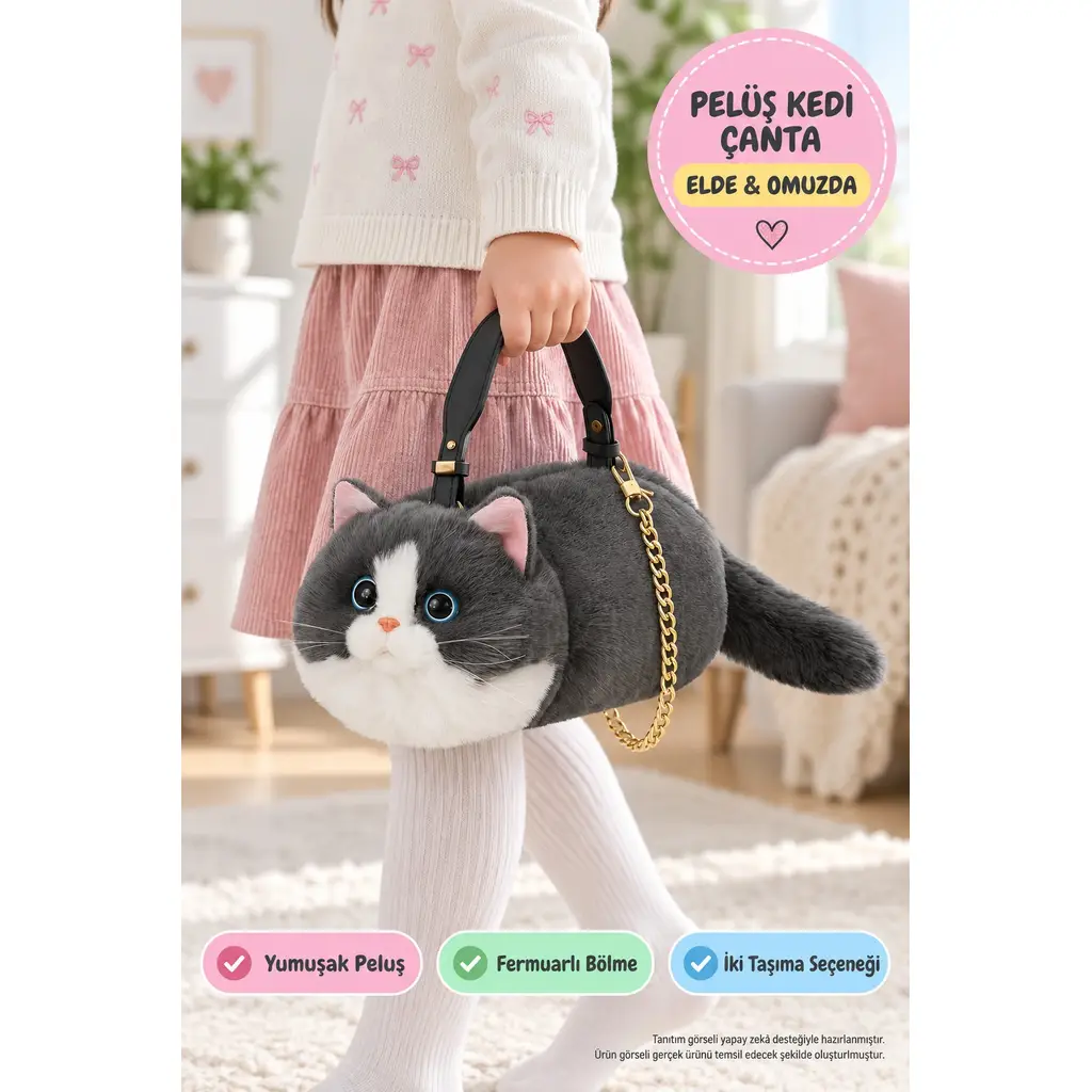Kedi Çocuk El Çantası B&D Gri Peluş Omuz Askılı Fermuarlı 31 x 13 x 17 cm