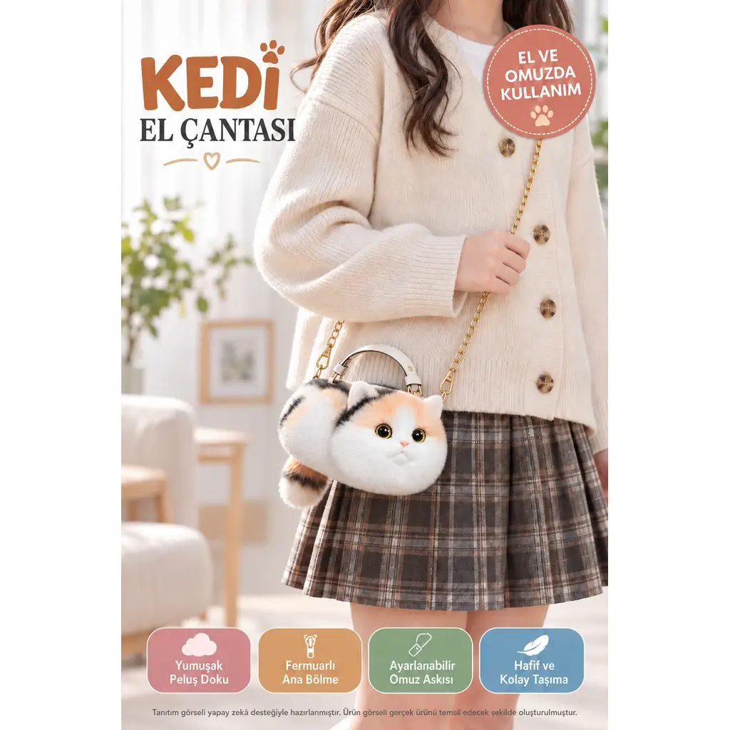 Kedi Çocuk El ve Omuz Çantası Sarı Peluş Fermuarlı Ayarlanabilir Askılı 31 x 13 x 17 cm