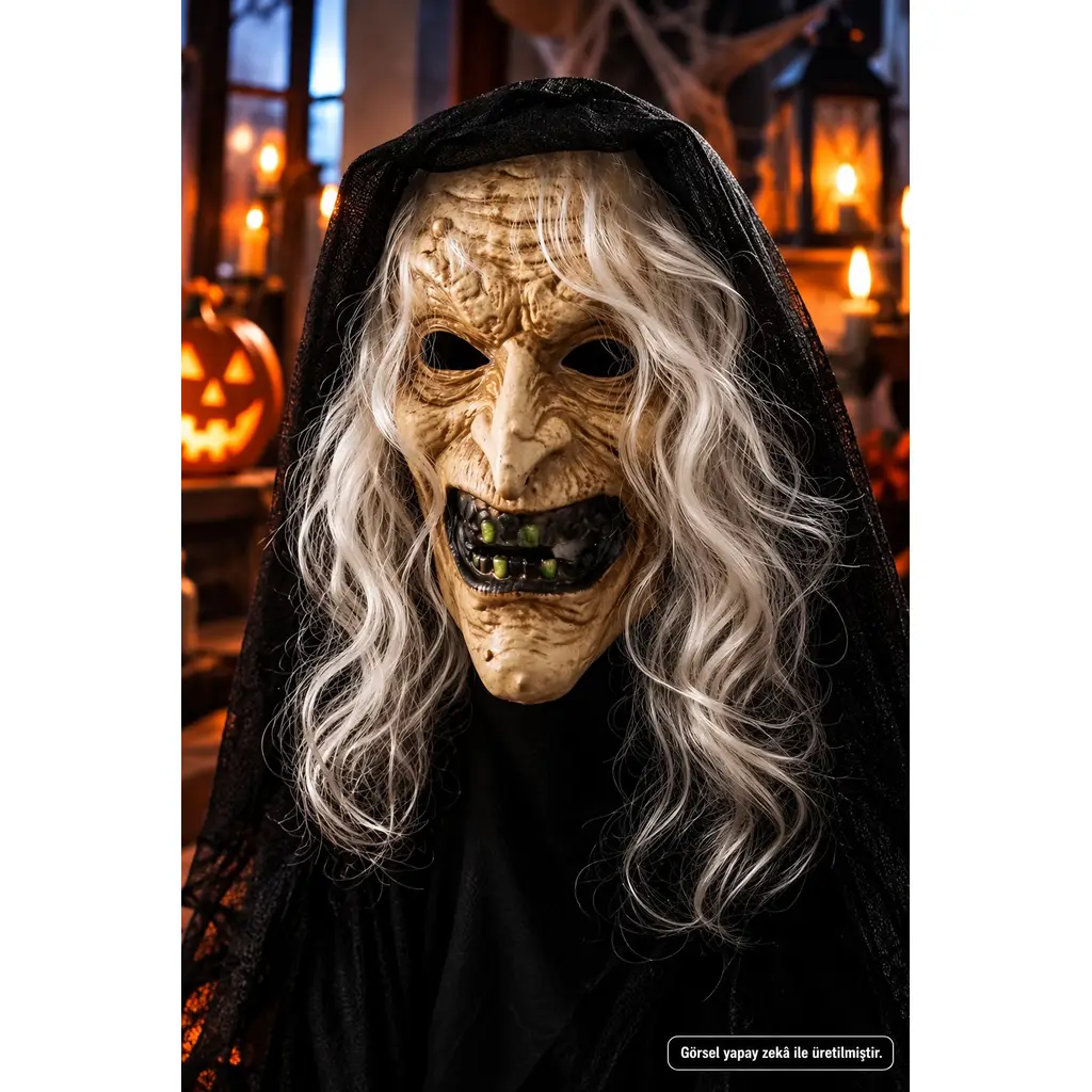 Cadı Maskesi Gri Saçlı Korkunç Yaşlı Cadı Halloween Korku Kostüm Maskesi 