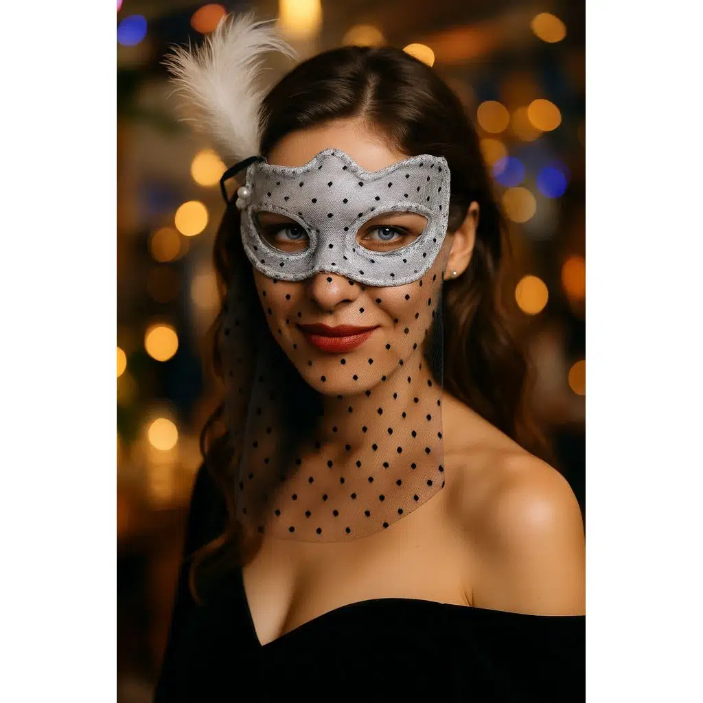 Beyaz Tüllü Siyah Puantiyeli İnci Detaylı Tüylü Parti Maskesi Şık Kadın Masquerade Aksesuar
