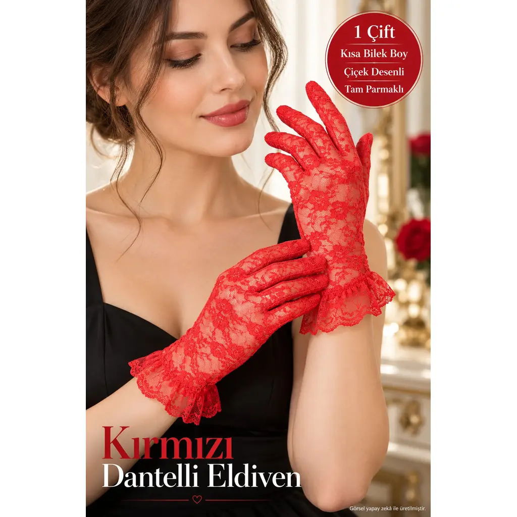 Kırmızı Dantelli Eldiven Kısa Bilek Boy Çiçek Desenli Kostüm Parti Aksesuarı 1 Çift