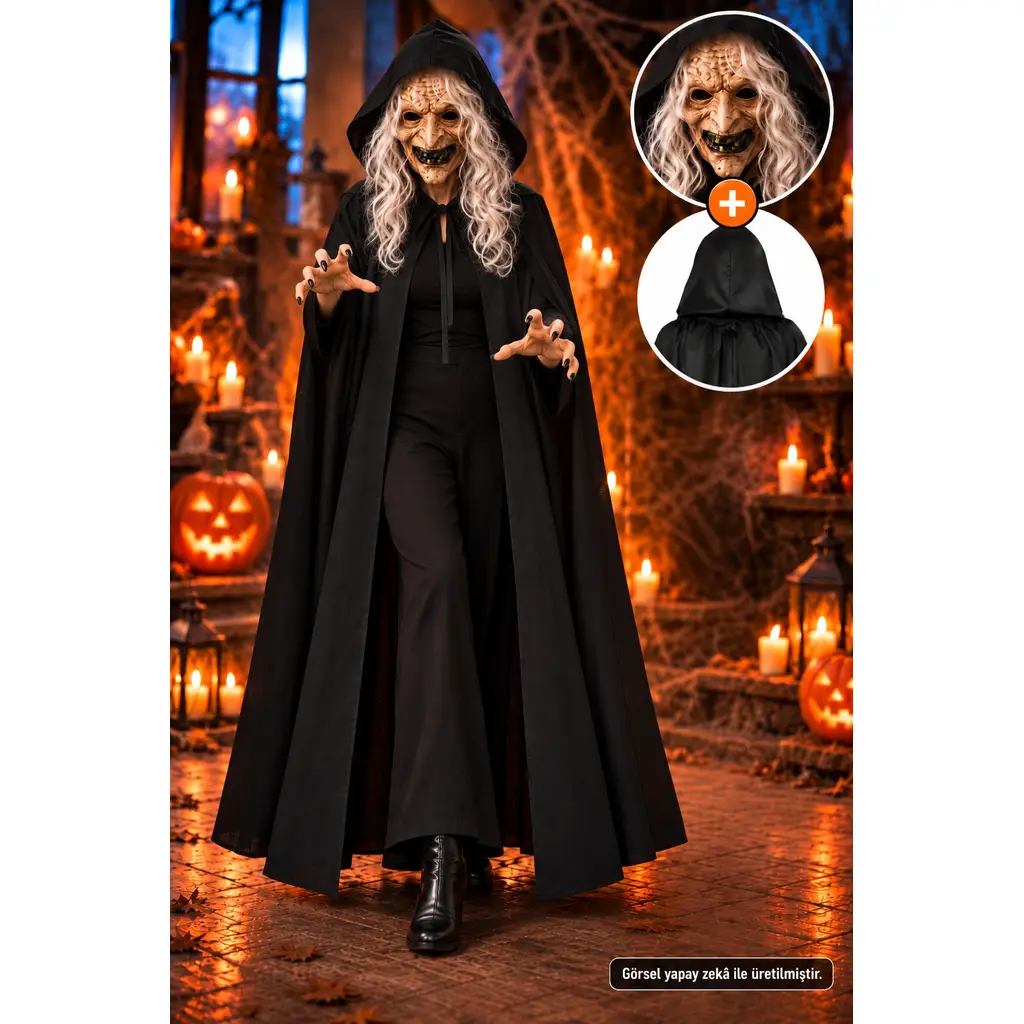Cadılar Bayramı Halloween Maske ve Kapüşonlu Siyah Pelerin Kostüm Seti 2 Parça 120 cm