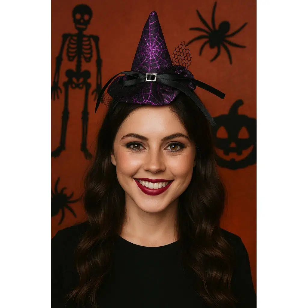 Cadı Şapkalı Halloween Parti Tacı Tüllü Mor Cadılar Bayramı Aksesuarı
