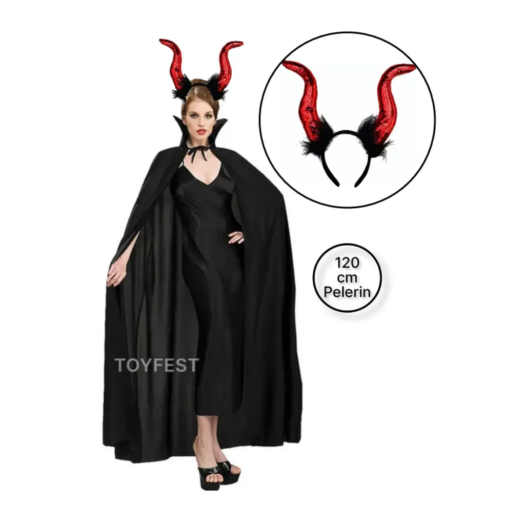 Cadılar Bayramı&Halloween 2 Parçalı Malefiz&Şeytan Parti Kostüm Seti - 120 cm Pelerin + Kırmızı Taç