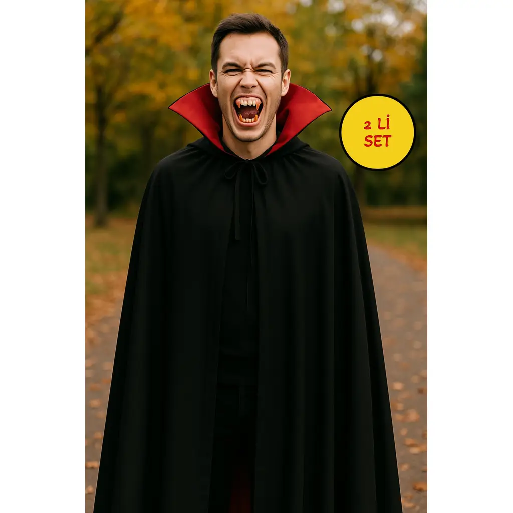 Cadılar Bayramı Halloween Kostüm Partisi Vampir Kan Emici Kont Drakula Pelerin+Takma Diş Kostüm Seti