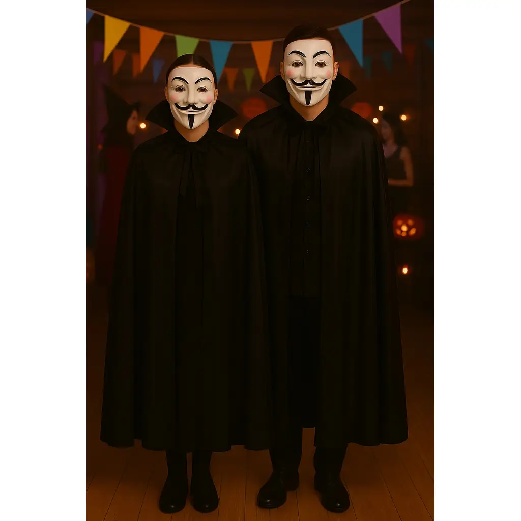Cadılar Bayramı Vendetta Maske Ve Siyah YakalI Pelerin 120 Cm Kostüm Seti Parti Aksesuarı