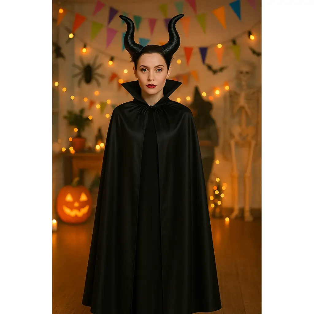 Cadılar Bayramı Malefiz Maleficent Siyah Boynuzlu Taç 120 Cm Yakalı Pelerin Halloween Kostüm Seti