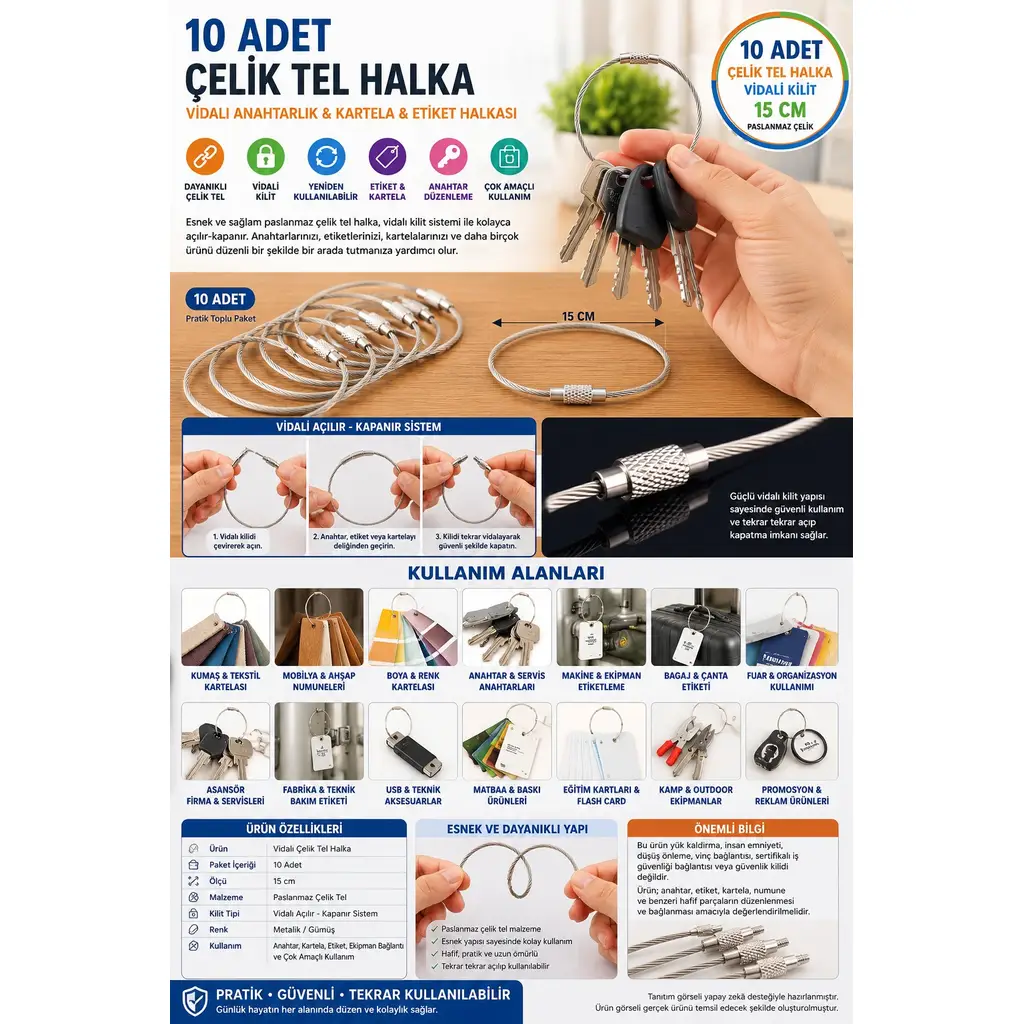 Çelik Tel Halka 10 Adet Vidalı Anahtarlık Kartela Numune Etiket Ekipman Bağlantı Halkası Fuar 15 cm