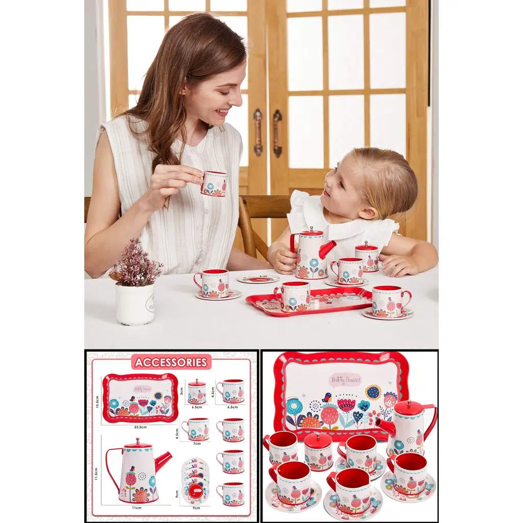 Çiçek Desenli Metal Çay Seti 12 Parça – Çocuklar İçin Renkli Oyun Çay Servis Takımı - Kırmızı