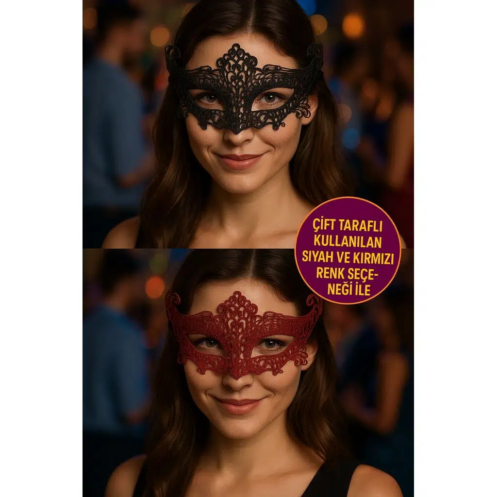Çift Taraflı Dantelli Maske Siyah Kırmızı Renk Seçeneği Şık Parti Ve Kostüm Kullanımı İçin Model - 2