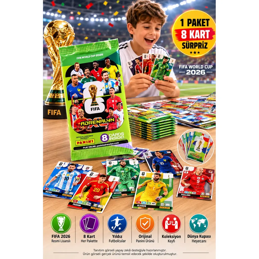 Panini FIFA 2026 Adrenalyn XL Dünya Kupası Koleksiyon Futbolcu Kartıları Sürpriz 1 Paket 8 Kart