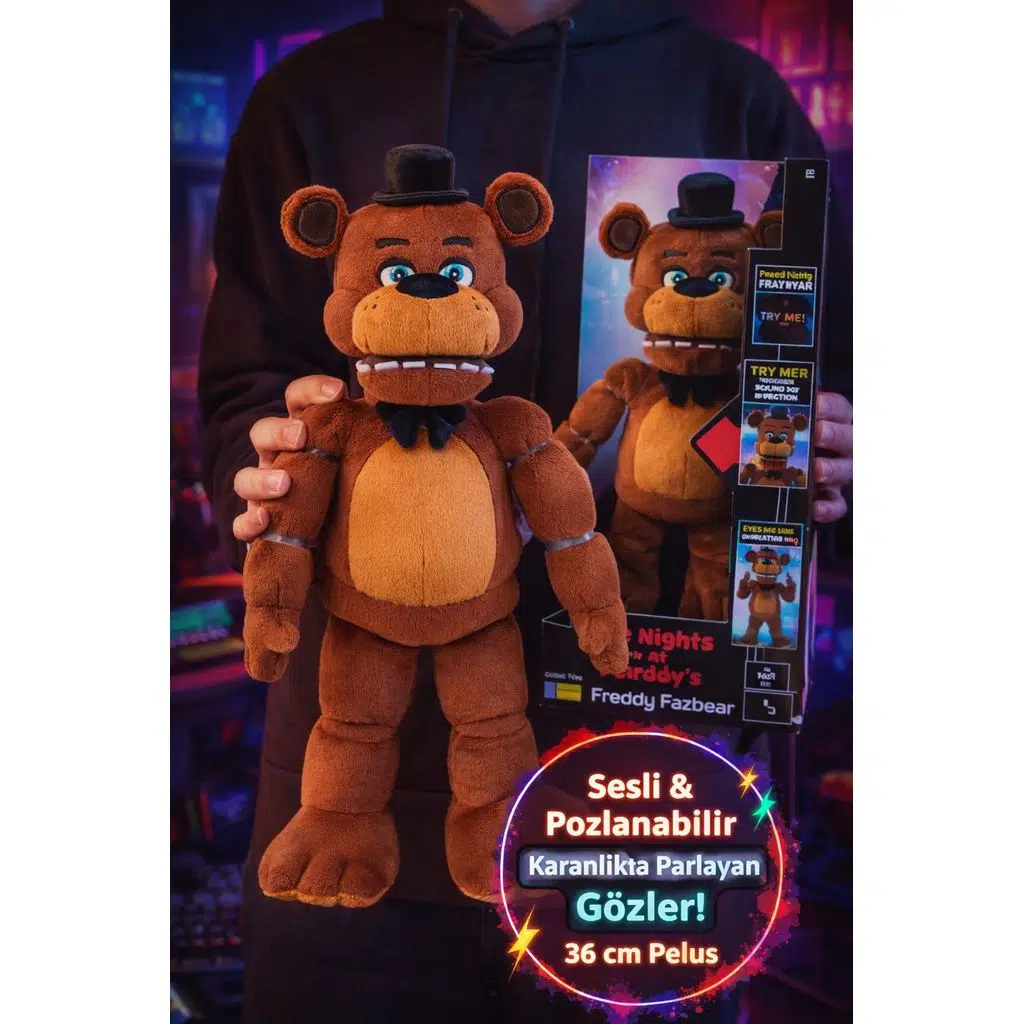 Five Nights at Freddy's Freddy Fazbear Sesli Pozlanabilir Peluş 36 cm Karanlıkta Parlayan Ayı