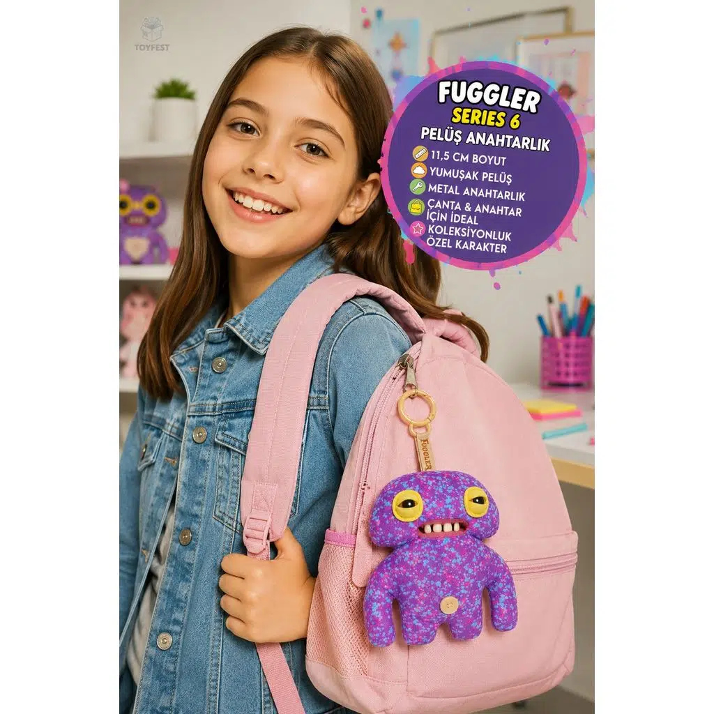 Fuggler Mor Squidge Peluş Anahtarlık Seri 6 Orijinal ZURU Koleksiyon Çanta Süsü Anahtarlık 11,5 cm