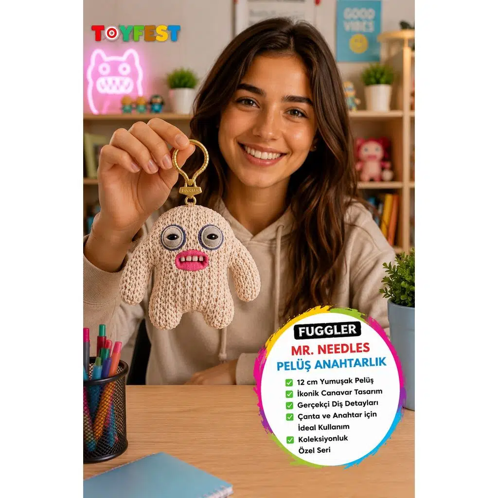 Fuggler Krem Örgü Mr. Needles Peluş Anahtarlık Seri 6 Orijinal ZURU Koleksiyon Çanta Süsü 11.5 cm
