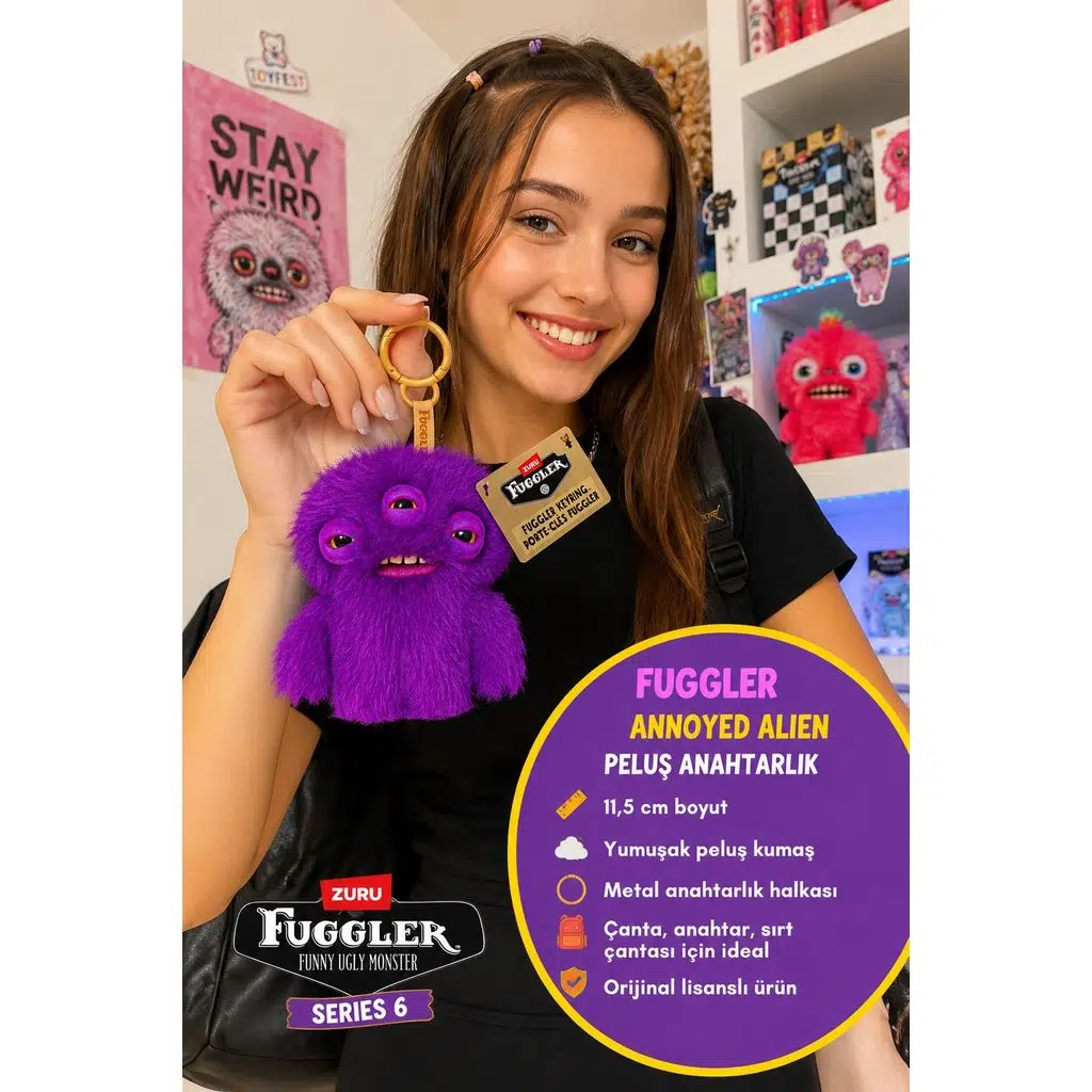 Fuggler Mor Peluş Anahtarlık Seri 6 Orijinal ZURU Koleksiyon Çanta Süsü Anahtarlık 11,5 cm