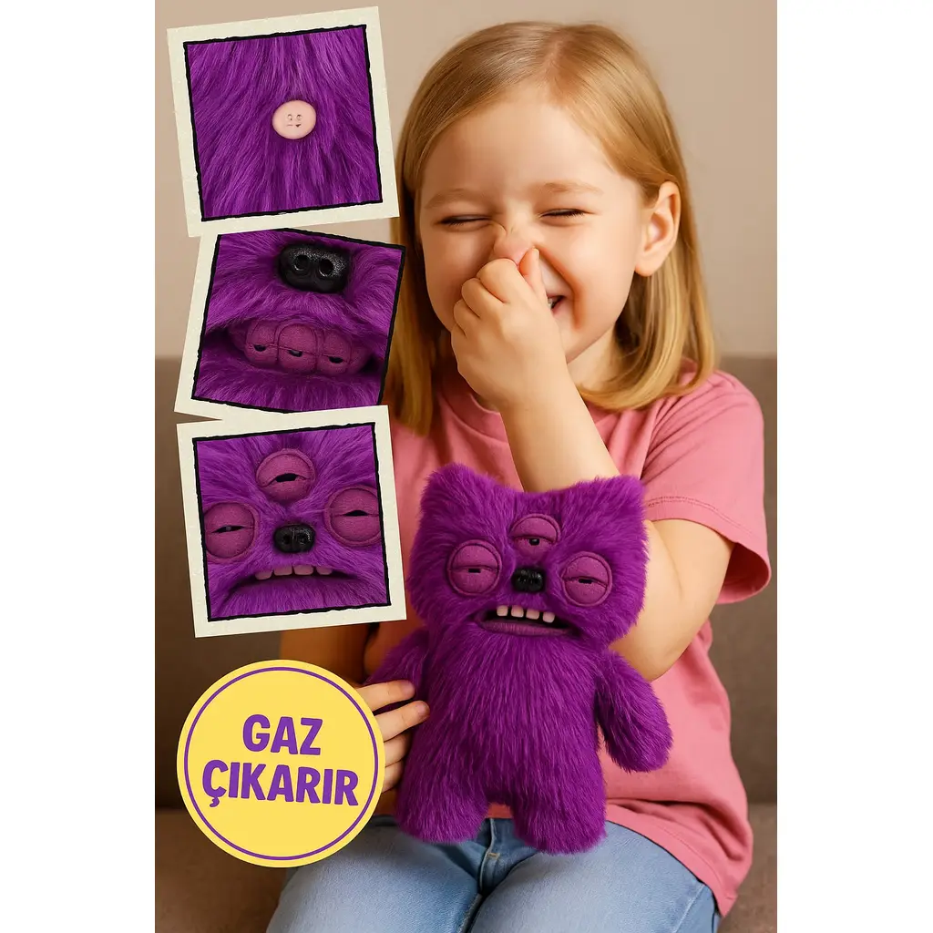 Gaz Çıkaran Fuggler Fart Face Sesli Hareket Sensörlü Komik Çirkin Peluş Oyuncak Alien Mor 22cm