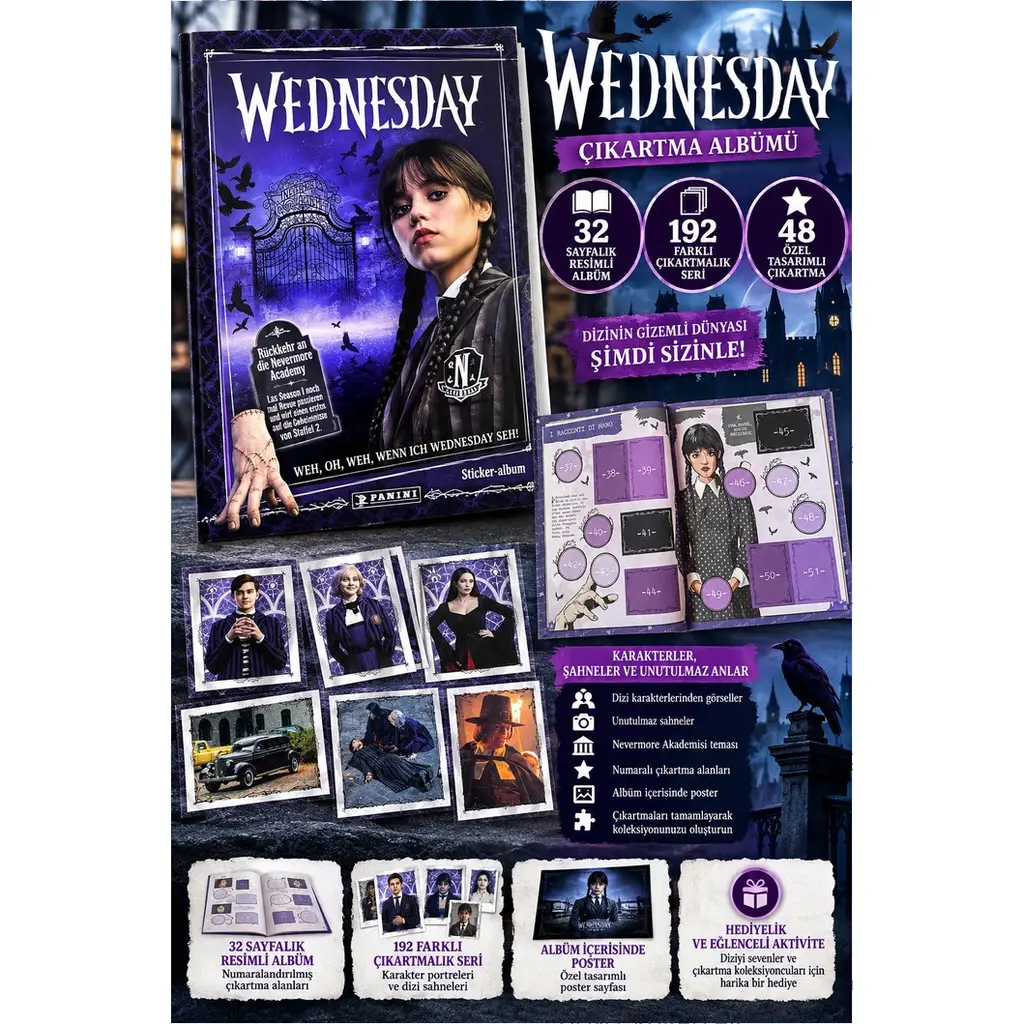 Panini Wednesday 2 Çıkartma Albümü 2025 Mercredi Sticker Yapıştırma Kitabı 32 Sayfa Posterli