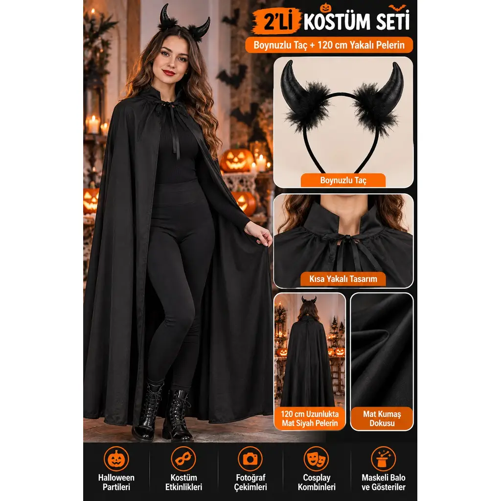 Cadılar Bayramı Şeytan Kostüm Seti Siyah Boynuzlu Taç ve 120 cm Yakalı Mat Pelerin Halloween Cosplay