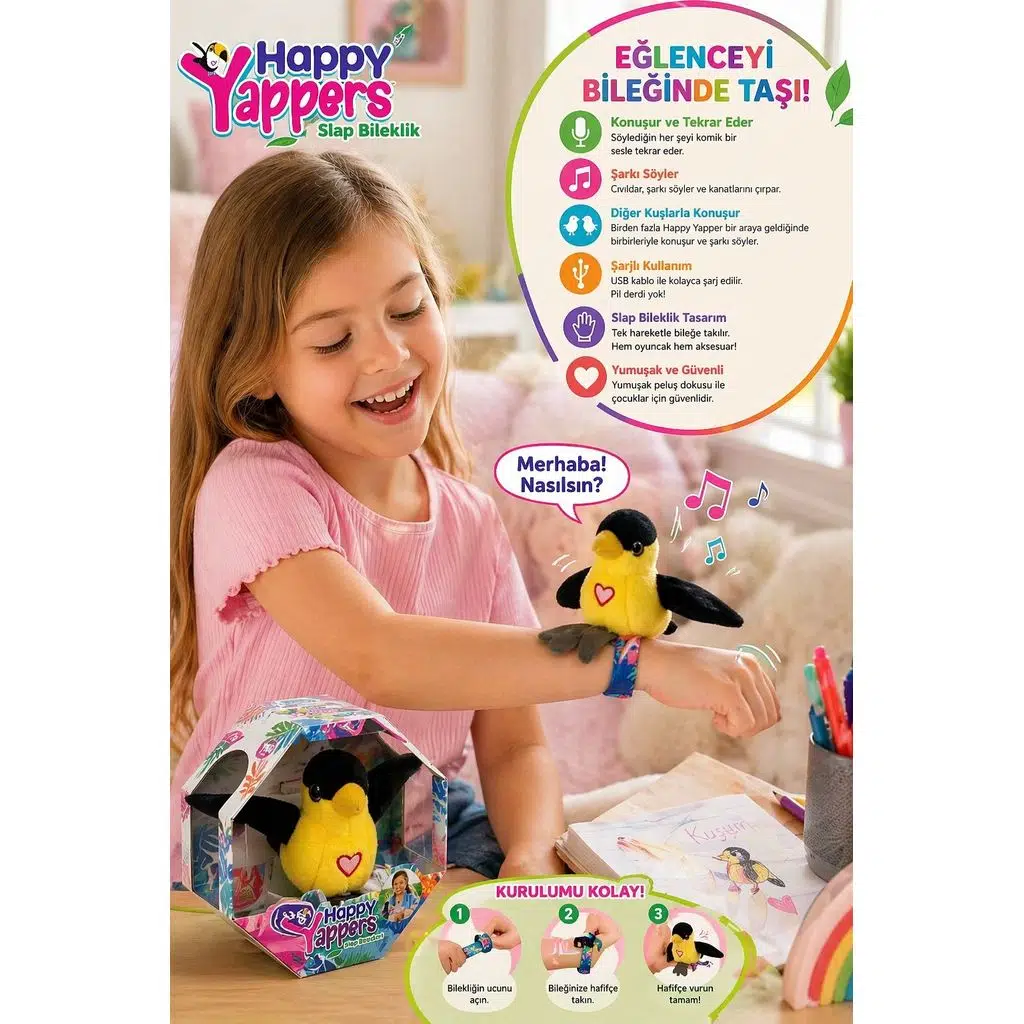 Happy Yappers Konuşan Kuş Bileklik Sesli Peluş Oyuncak Tekrarlayan Şarjlı Slap Bracelet - 1 ADET