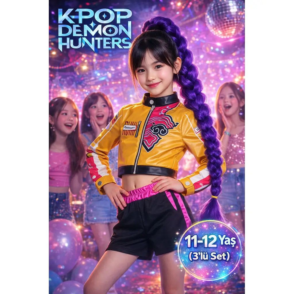 İblis Avcıları K-POP Demon Hunters Rumi Cosplay Kostüm Seti Ceket Şort Mor Örgülü Saç 3 Parça 11-12
