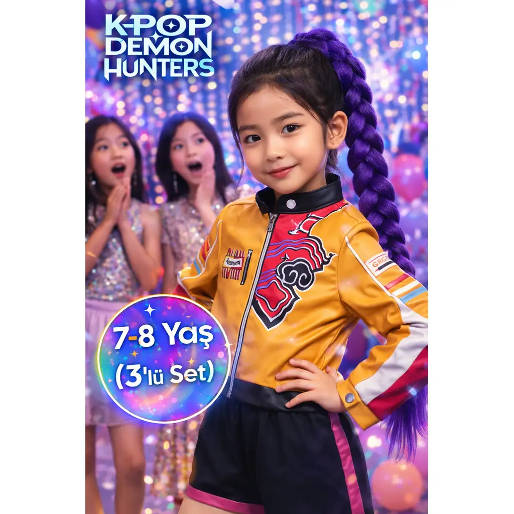 İblis Avcıları K-POP Demon Hunters Rumi Cosplay Kostüm Seti Ceket Şort Mor Örgülü Saç 3 Parça - 7-8