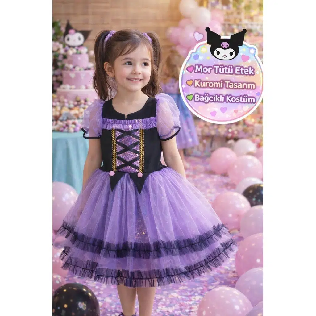 KUROMİ Kostüm Sanrio Mor-Siyah Tütü Elbise | 3-4 Yaş Kız Çocuk Doğum Günü Parti Karnaval Gösteri
