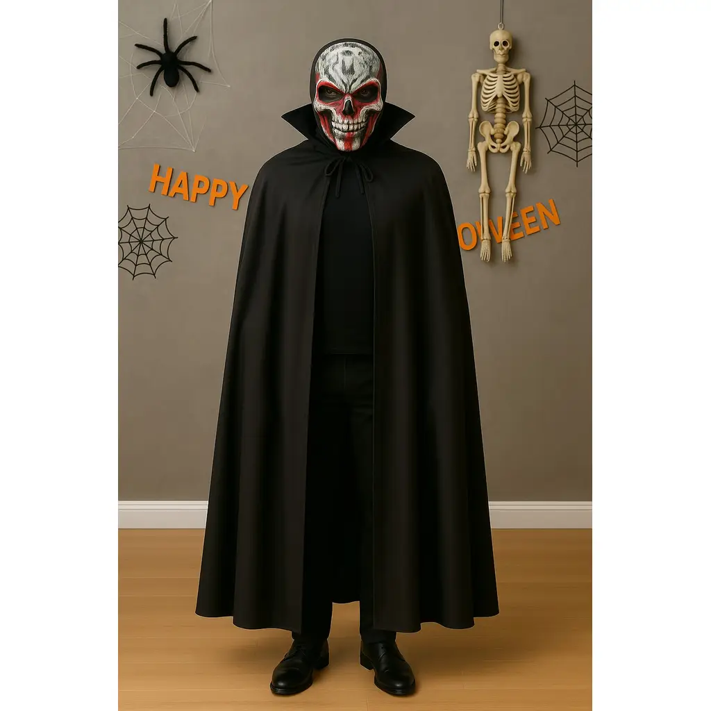 Korkunç Kafatası Maske ve 120 cm Yakalı Siyah Pelerin Seti – Yetişkin Halloween Kostümü