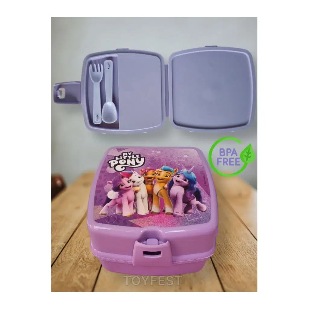 Kilit Kapaklı 2 Katlı 4 Bölmeli Kaşık ve Çatallı Kare Beslenme Kutusu - My Little Pony Temalı