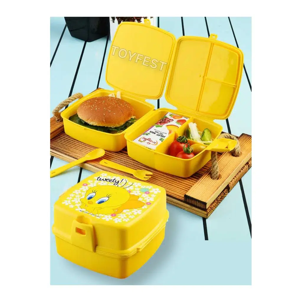 Kilit Kapaklı 2 Katlı 4 Bölmeli Kaşık ve Çatallı Kare Lunch Box & Beslenme Kutusu - Tweety Temalı