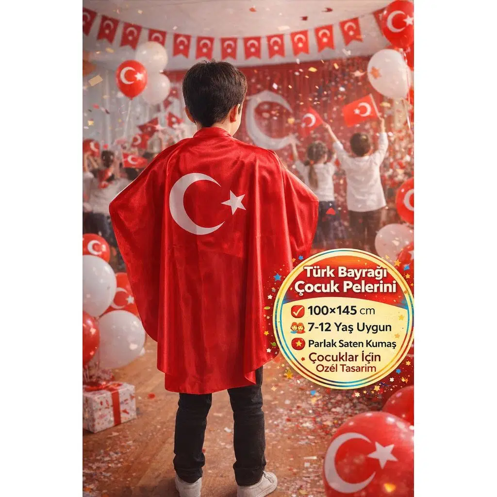 Türk Bayrağı Ay Yıldız Baskılı Saten Çocuk Pelerini 7-12 Yaş 100x145 cm Okul Gösteri Kostümü