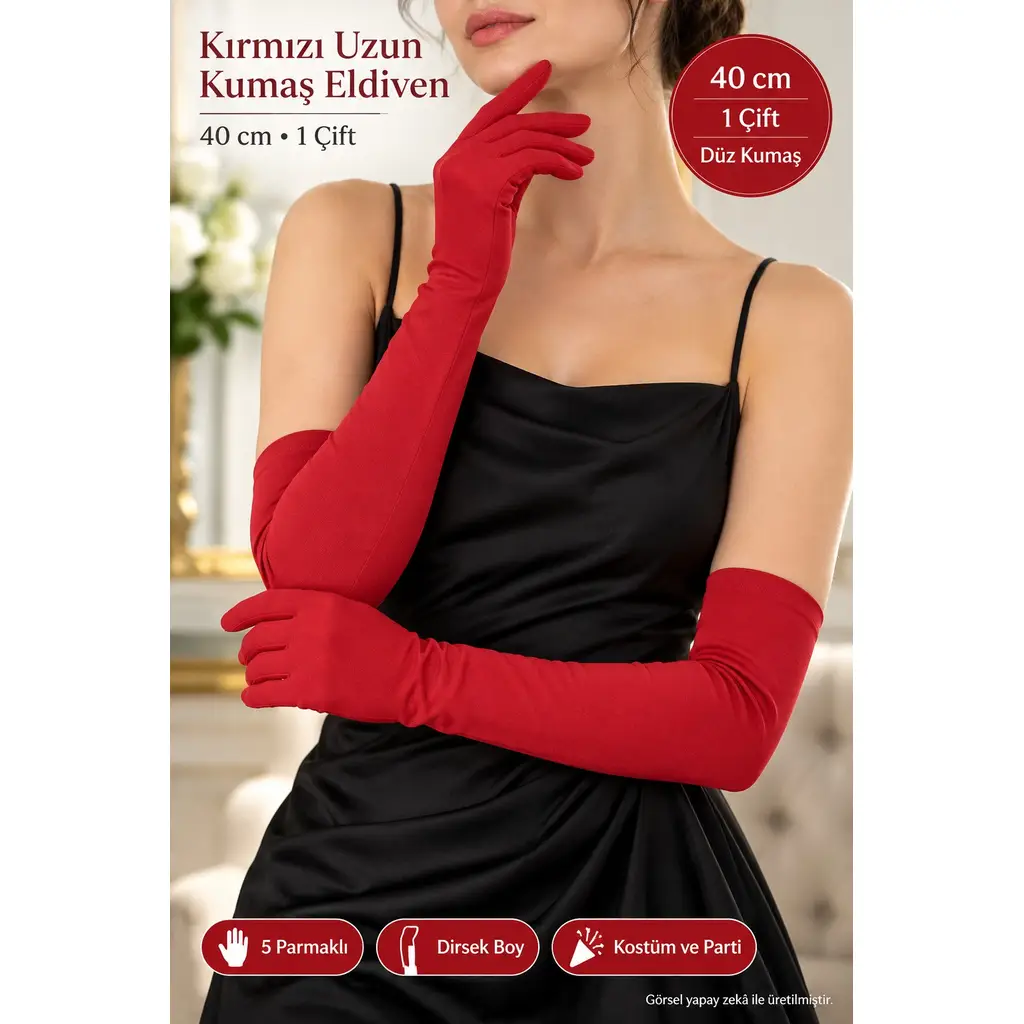 Kırmızı Uzun Kumaş Eldiven 40 cm Dirsek Boy Kostüm Parti Gösteri Aksesuarı 1 Çift