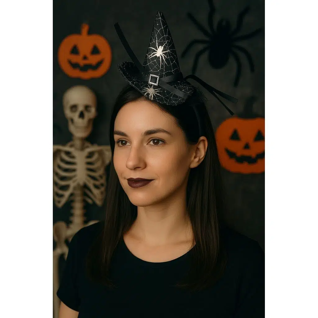 Cadı Şapkalı Halloween Parti Tacı Tüllü Siyah Cadılar Bayramı Aksesuarı