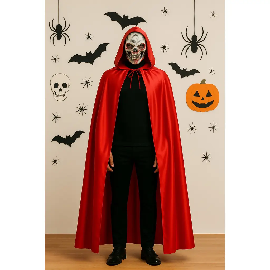 Kanlı İskelet Maske ve Kapüşonlu Kırmızı Pelerin Kostüm Seti – Yetişkin Halloween Kıyafeti - 120 CM