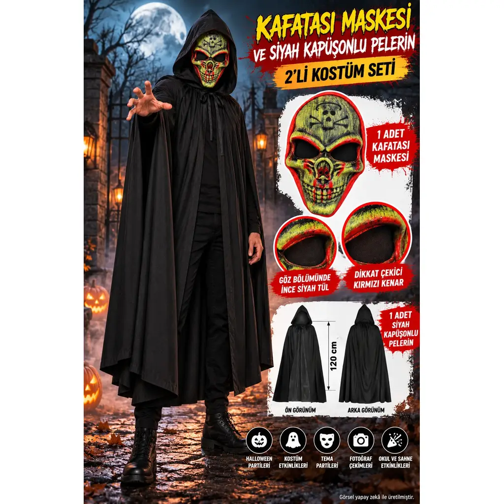Kafatası Maskesi ve Siyah Kapüşonlu Pelerin 2'li Halloween Korku Kostüm Seti 120 cm