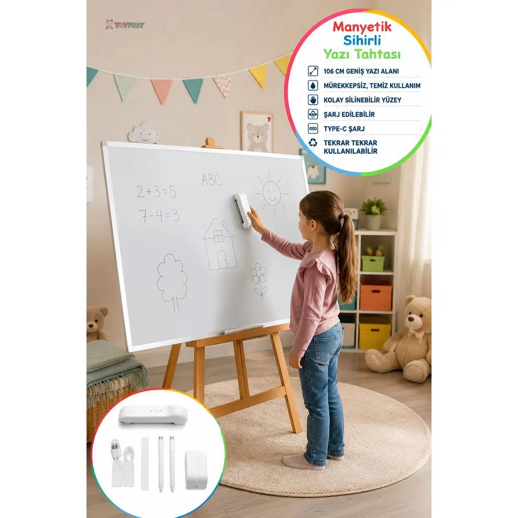 Manyetik Sihirli Yazı Tahtası Silinebilir Eğitim Çizim Yazı Panosu Type-C Şarjlı 106 Cm