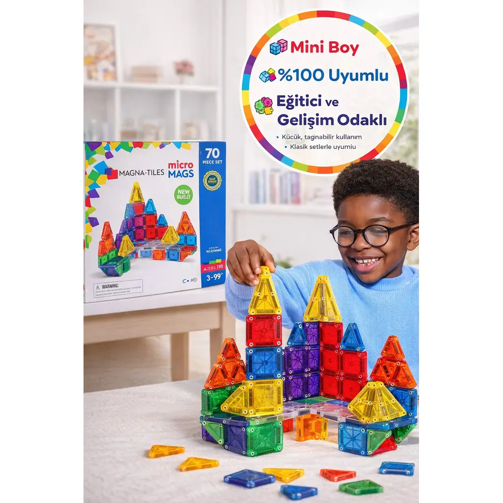 Magna-Tiles microMAGS 70 Parça Manyetik Karo Seti Mini Boy Eğitici STEM Oyuncak 3+ Yaş