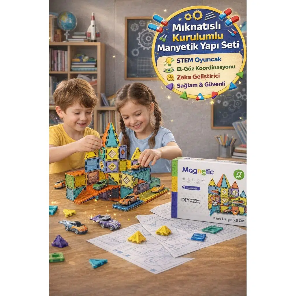 Magnetic 77 Parça Manyetik Yapı Blokları Eğitici Zeka Oyunu Montessori Seti Mini Kare Parça 5.5 CM