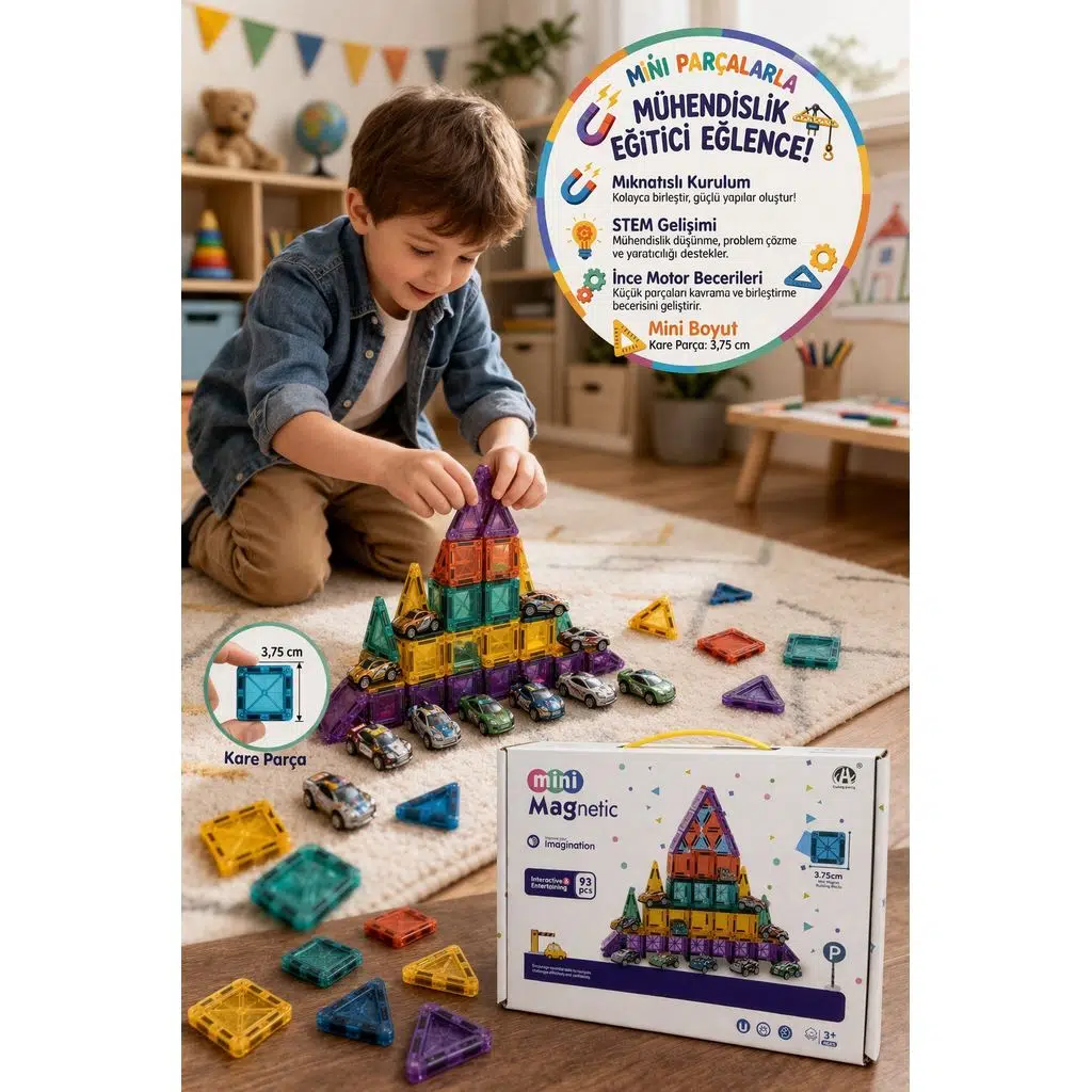 Magnetic Mini 93 Parça Manyetik Yapı Blokları 12 Arabalı Eğitici Oyun Seti - Kare Parça 3.75 CM