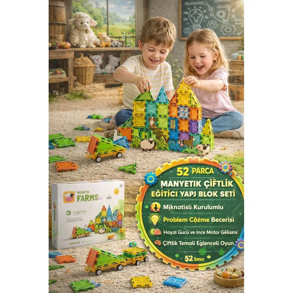 Magnetic 52 Parça Manyetik Çiftlik Hayvanlı Eğitici Yapı Blok Seti Çocuk Oyuncağı Kare Parça 5.5 CM