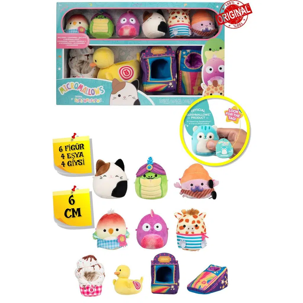 Micromallows Squishmallows Mini Peluş Oyuncak 6 Figür + 4 Aks. + 4 Giysi Figür Seti - 6 CM - MOD-2